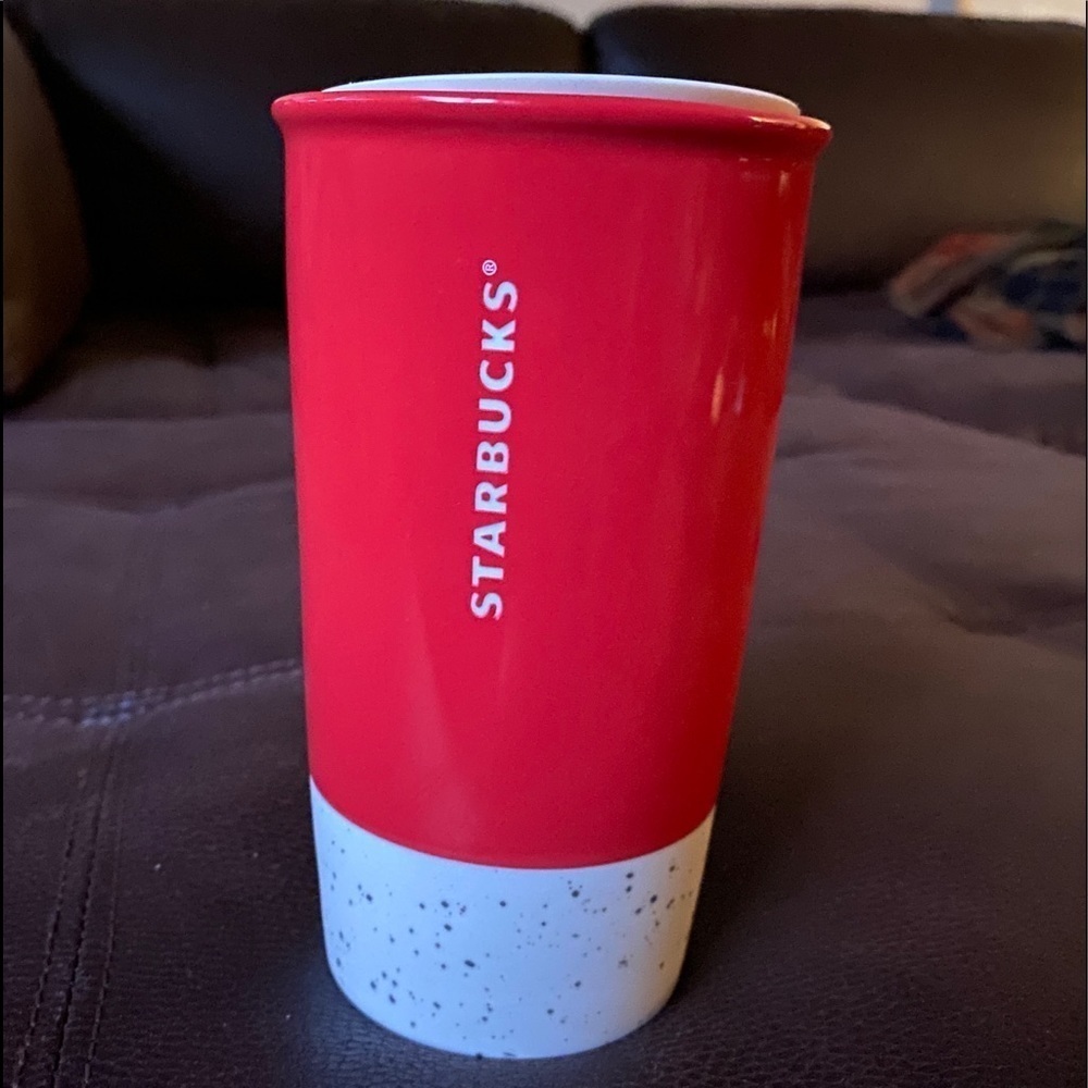 Starbucks Red JOY-FULL Joyful Ceramic Siren Travel Mug Tumbler + Lid size 12 oz